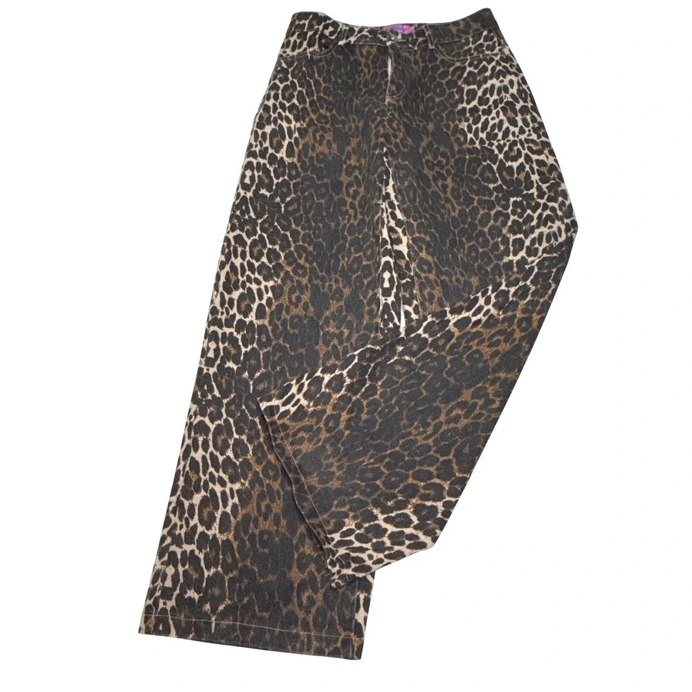 Edikted Leopard Print Wide Leg Denim Jeans Brown Tan Animal Pattern Small